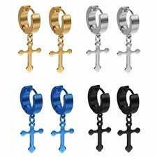 2pcs Men Women Stainless Steel Cross Dangle Hoop Huggie Hinged Stud Earrings Ear