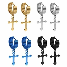2pcs Men Women Stainless Steel Cross Dangle Hoop Huggie Hinged Stud Earrings Ear