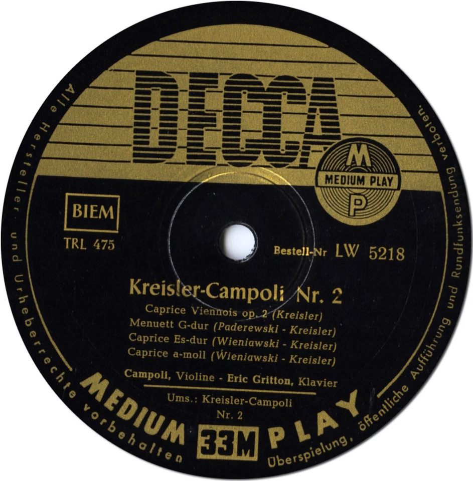 CAMPOLI Violin KREISLER Caprice Viennois Minuet Danse Corelli Vars DECCA LW-5218 - Image 3 of 3