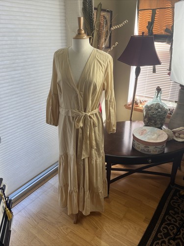 Anthropologie Maeve Oatmeal Cream  Color Long Midi 3/4 Puff Sleeve Dress Sz 16 - Picture 15 of 24