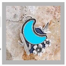 Imitation Turquoise Crescent Moon Hummingbird Pendant Necklace Silver-Tone