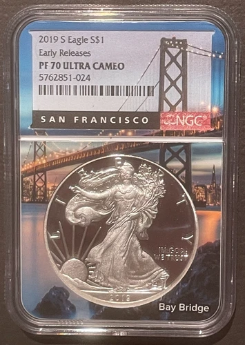 2019-S $1 SILVER AMERICAN EAGLE Bay Bridge NGC PF70 Early Releases : 08617