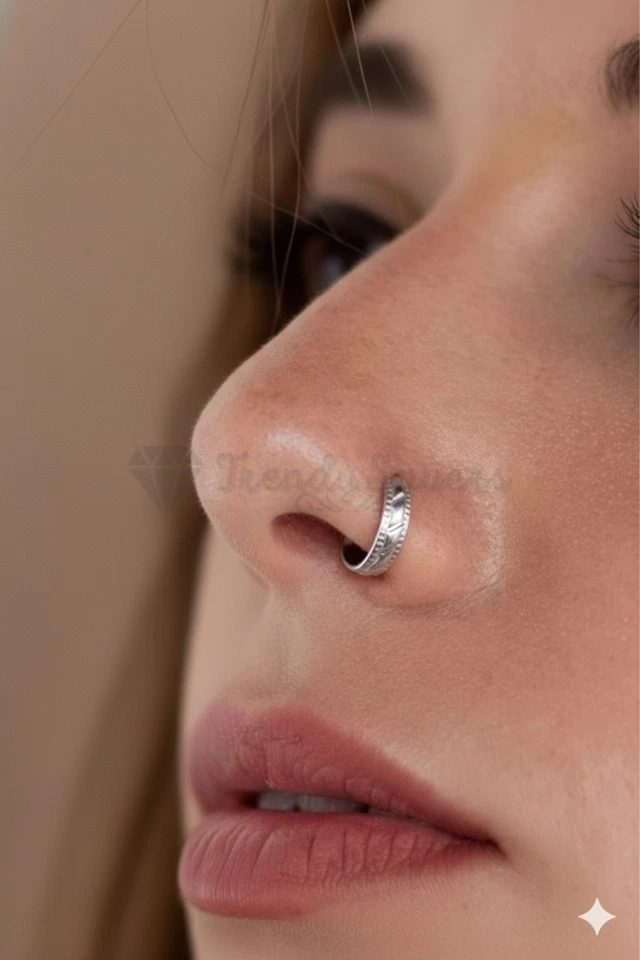 Women Men Boho Tribal 8mm Sterling Silver Hoop Cartilage Nose Ring Piercing - Image 4 of 4