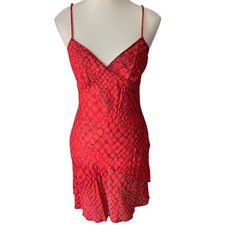 Vtg Victorias Secret 100 Silk Red Abstract Print Open Back Slip Dress Small