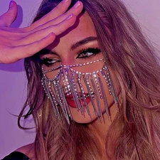 Women Masquerade Mask Rhinestone Tassel Luxury Fashion Crystal Face Bling 07051