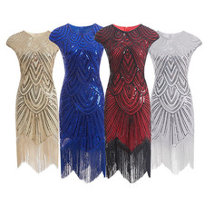 Fringed Woven Sequin Women's Gown Elegant Retro Solid Color Latin Dance Dress