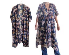 Band of Gypsies Floral Kimono Sheer Boho Duster Navy Rose M/L Open Front Festiva