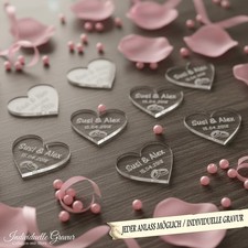 50 Streudeko Herzen mit Ringe - Individuelle Gravur - Acryl z.B. Hochzeit 4x3,5