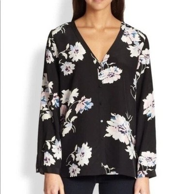 Joie Michi Silk Blouse Large Black Floral Print Sheer Button Front Long Sleeve
