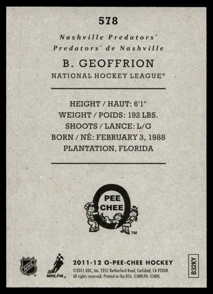 2011-12 O-Pee-Chee Retro Blake Geoffrion Rookie Nashville Predators #578 - Image 2 of 2