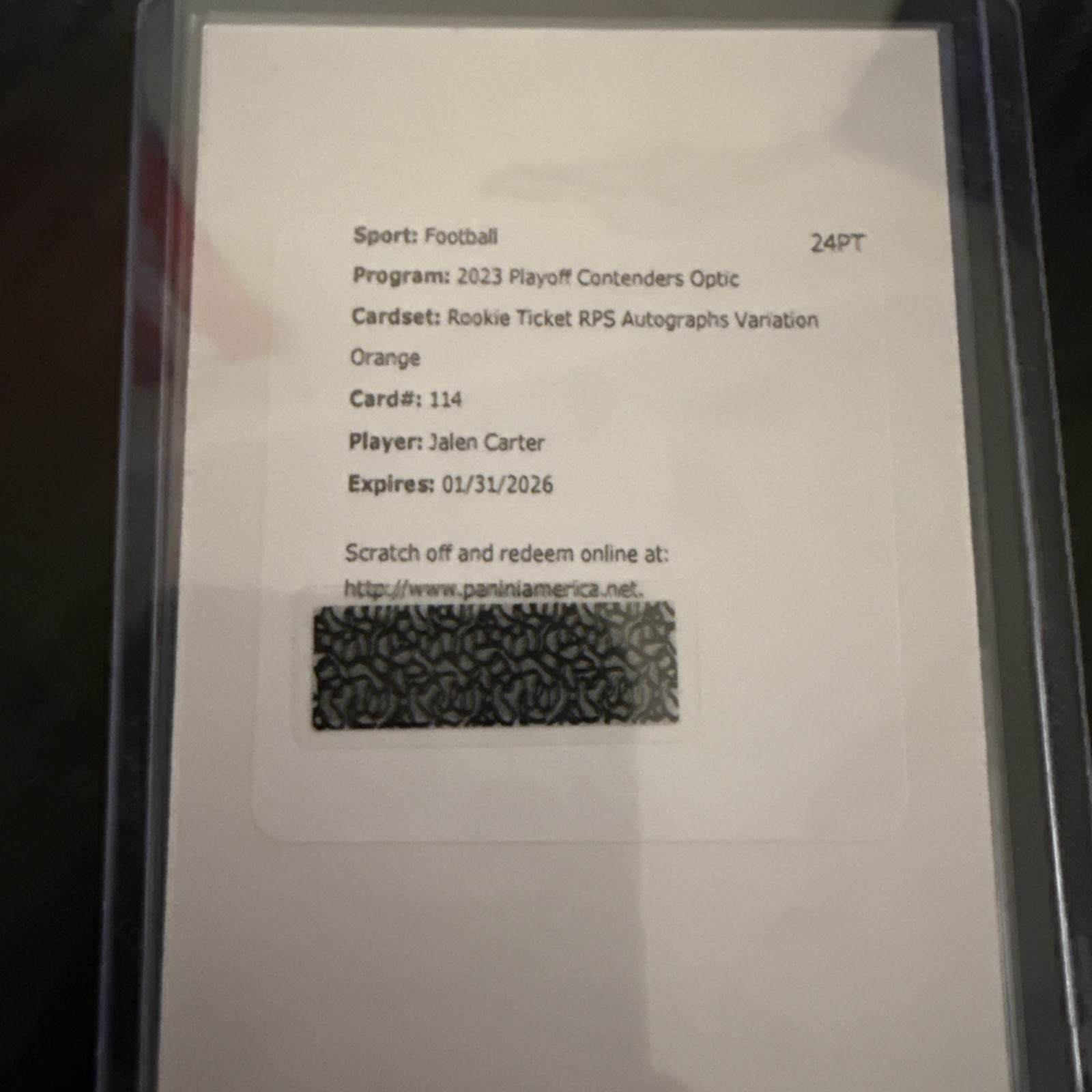 2023 Playoff Contenders Optic Jalen Carter #114 Rookie Ticket RPS Auto Variation