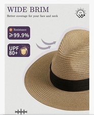 Panama Woven Hat Brown Straw Unisex Fedora Black Fabric Brim Beach Sun Park New