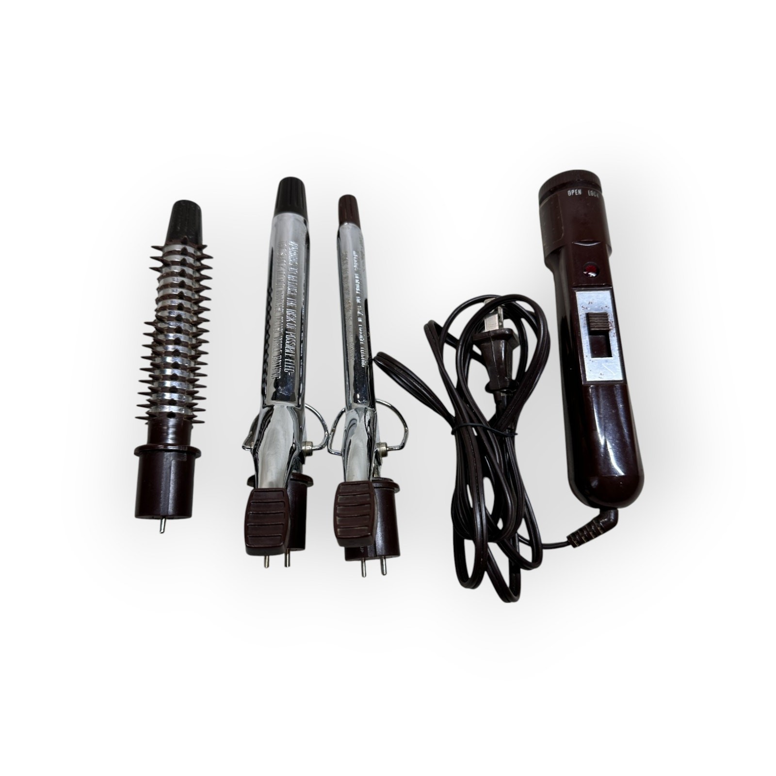 Vintage Brown Chrome Hair Curling Iron Set with Interchangeable Barrels Retro Styling Tool