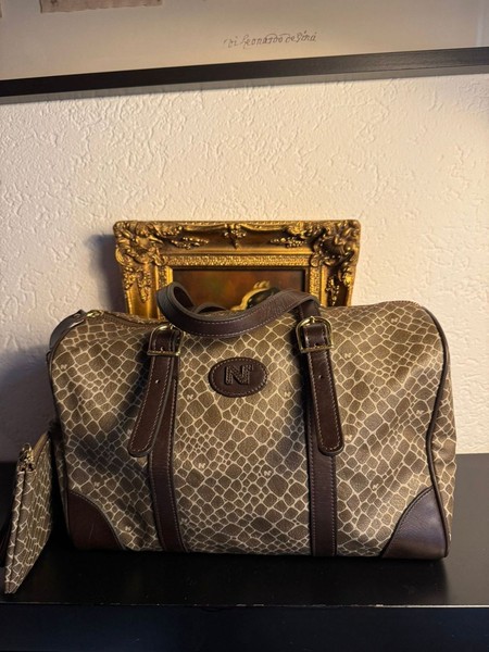 Nina Ricci Vintage Travel Bag Set - Taupe/Brown Coated Canvas & Leather