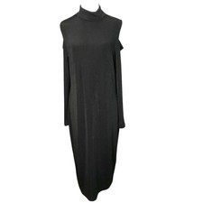 Chicos Travelers 2/L Black Womens Mock Neck Anti-Wrinkle Long Sleeve Midi Dress