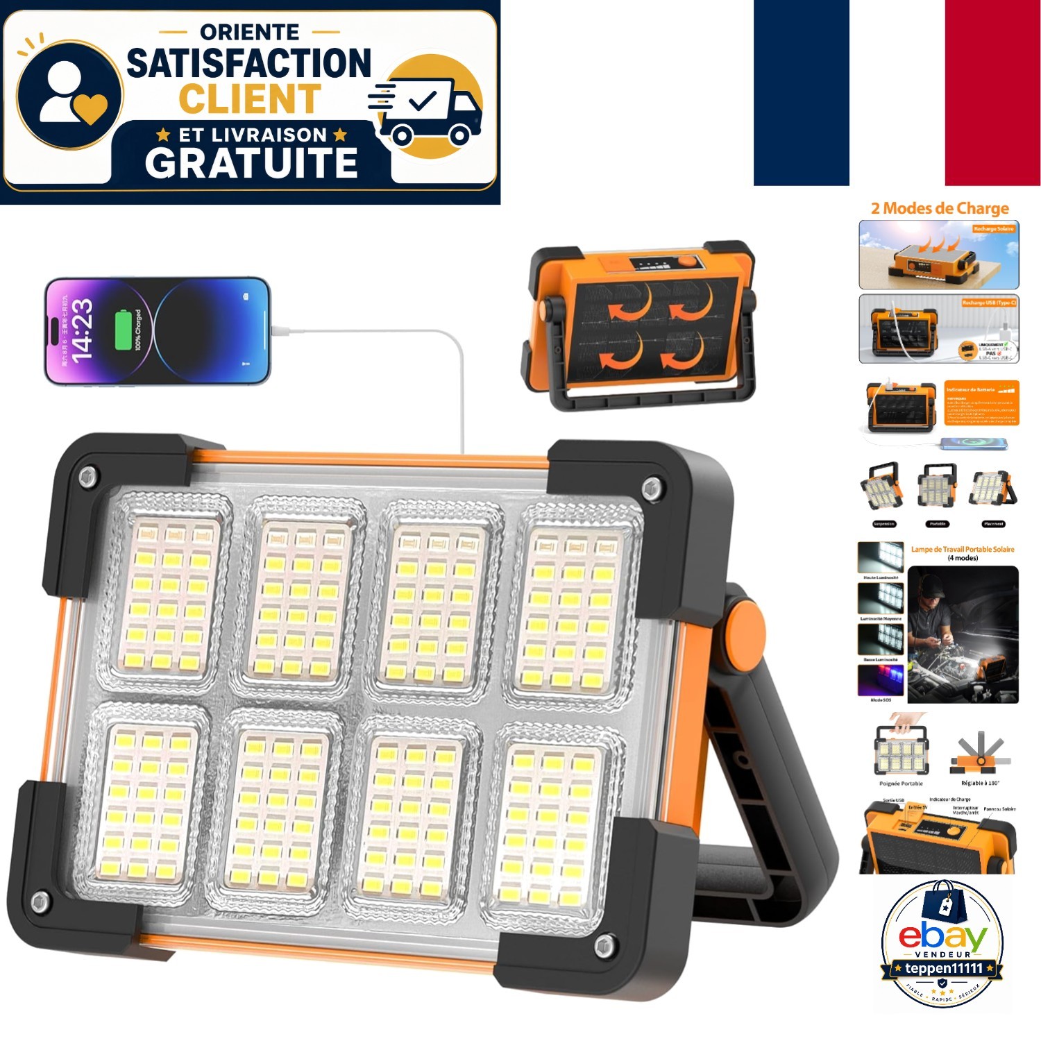 Lampe de chantier LED portable solaire étanche IP65 projecteur rechargeable