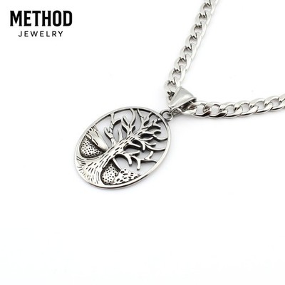 Stainless Steel Tree of Life Pendant Men's Necklace 5mm Cuban Link Chain 20''-24''