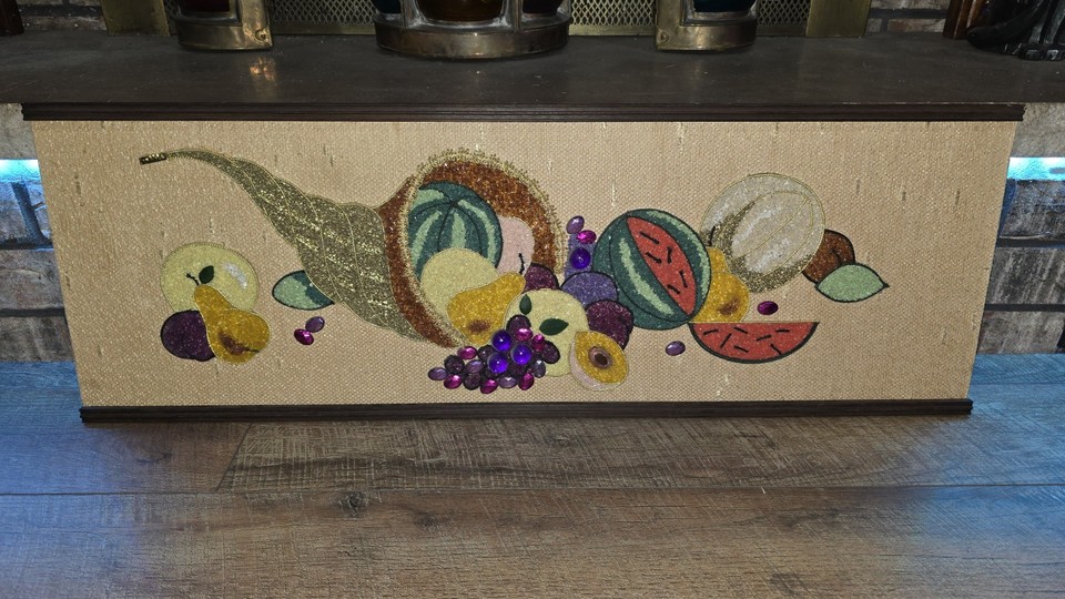 A genuine vintage MCM gravel-and-crushed-glass mosaic wall panel — a rare folk-art medium that's wildly tactile and totally one-of-a-kind.
