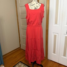Talbots Womens Red Eyelet Hem Tiered Midi Dress XL Petite Cotton Modal Blend