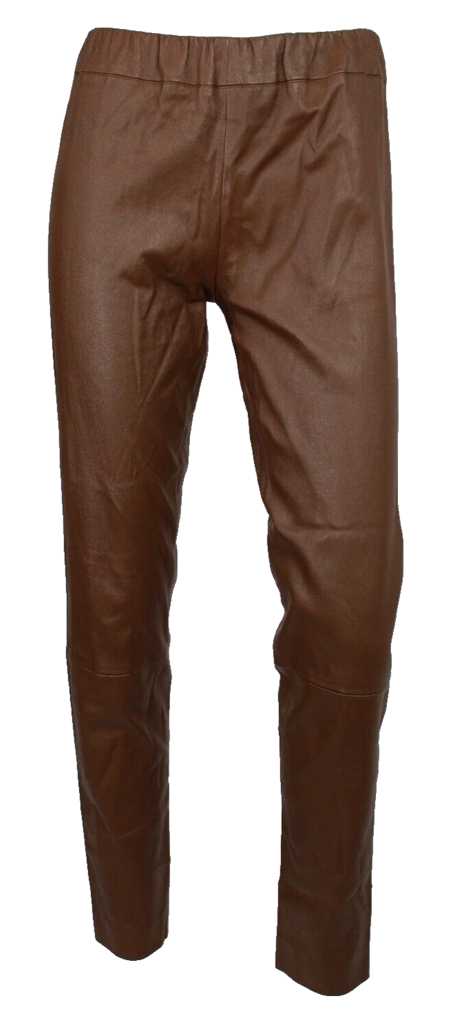 FILA Pantaloni THE ROW pelle di agnello marrone seppia vita media orlo spacco gamba skinny XL