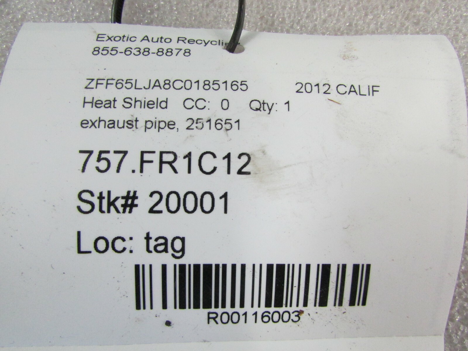 Ferrari California, RH, Front Transmission Exhaust Heat Shield, Used, P/N 251651