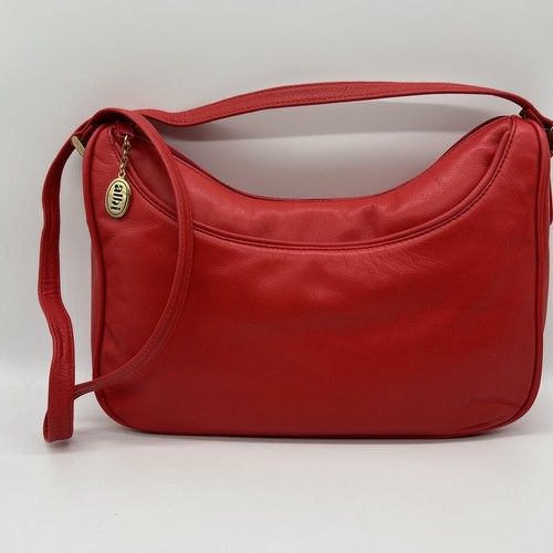 Vintage Albi Bright Red Leather Handbag Purse Shoulder Strap Full Zip