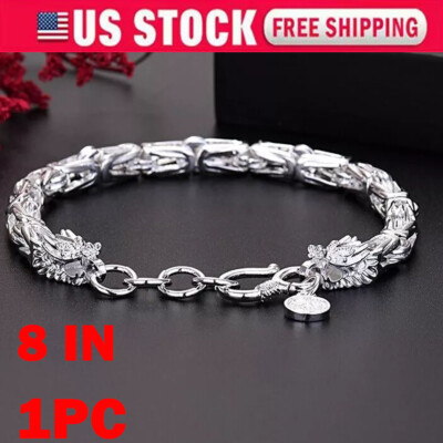 1X 925-Sterling Silver Dragon Viking Bracelet Men's Lucky Gift Bangle Jewelry US