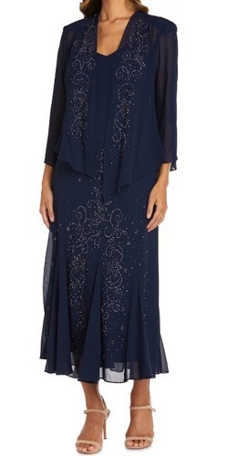R&M Richards Women's Beaded Chiffon Jacket Dress Navy, Size 12