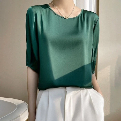 Damen Elegant Satin 3/4 Ärmel Seide Tops Rundhals Bluse T-Shirt Locker Freizeit - Bild 24 von 30
