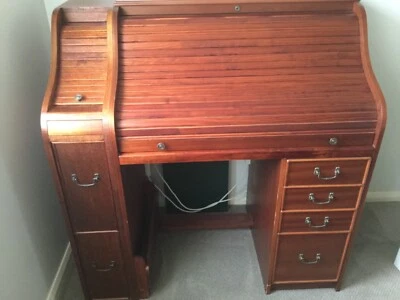 Timber Roll Top Desk With Green Leather Inlay Vintage Style