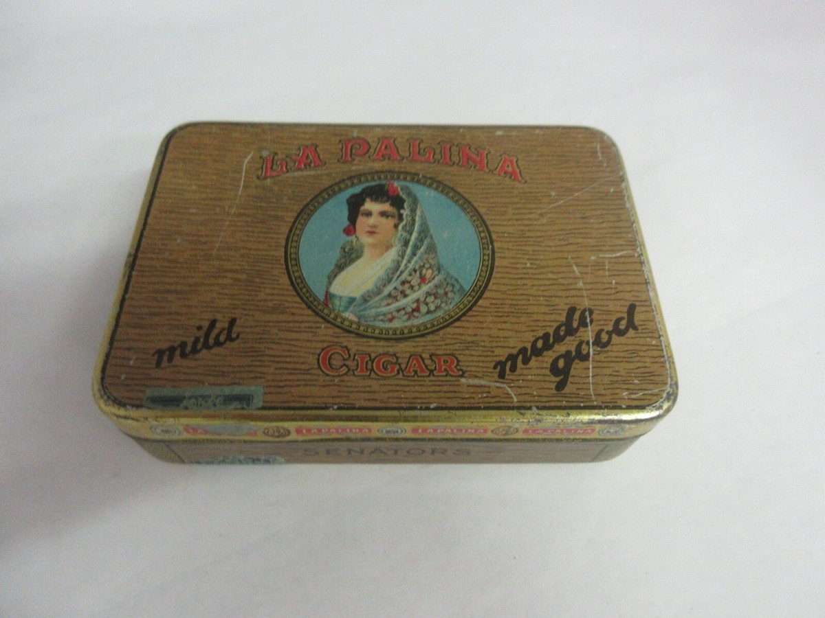 how much tobacco can you bring back from majorca VINTAGE ADVERTISING EMPTY LA PALMA CIGARS TOBACCO TIN 407-