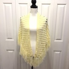 Vintage Crocheted Womens Hippy Fall Winter Ivory Fringe Shawl Coverup One Size