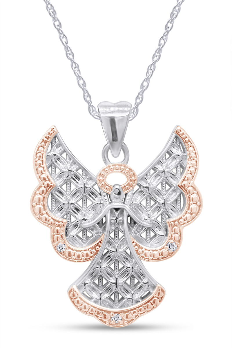 Natural Round Diamond Two Tone Angel Pendant 10K Solid Gold With 18" Chain