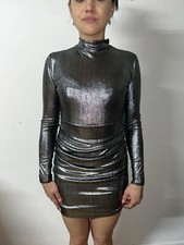 PRETTYLITTLETHING Women’s Gray Pewter Shiny Turtleneck Long Sleeve Dress Size 2