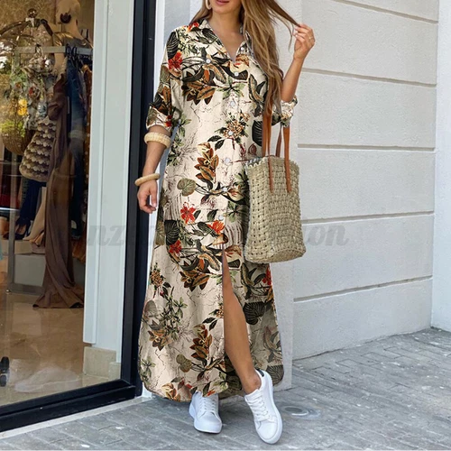 Damen Freizeit Kragen Langarm Shirt Kleid Blumen Knöpfe Lose Midikleid - Bild 32 von 46