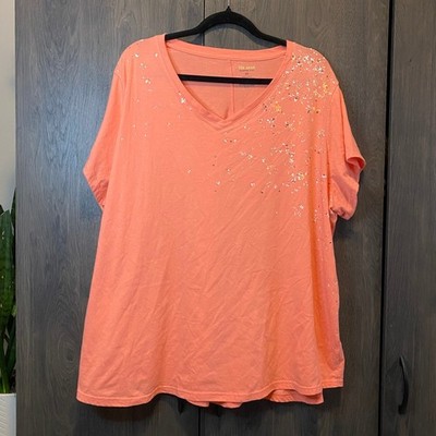 Tek Gear Essential Gear Womens Plus 3X Coral Orange Splatter V Neck T-Shirt