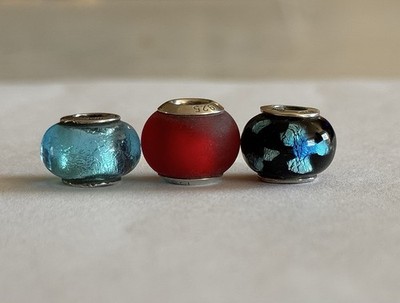 Gedora Murano Glass Bead Charms Blue Red Black Sterling Silver Set of 3