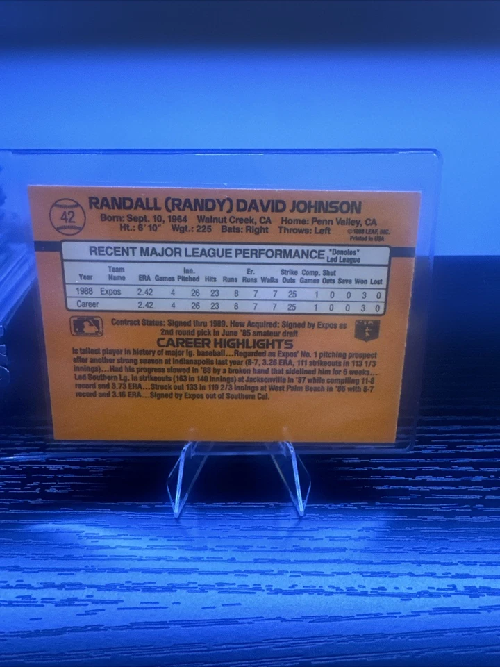 Donruss 1989 - Clasificado Novato Randy Johnson #42 Error Cumpleaños incorrecto Raro (RC) Foto 2 de 3
