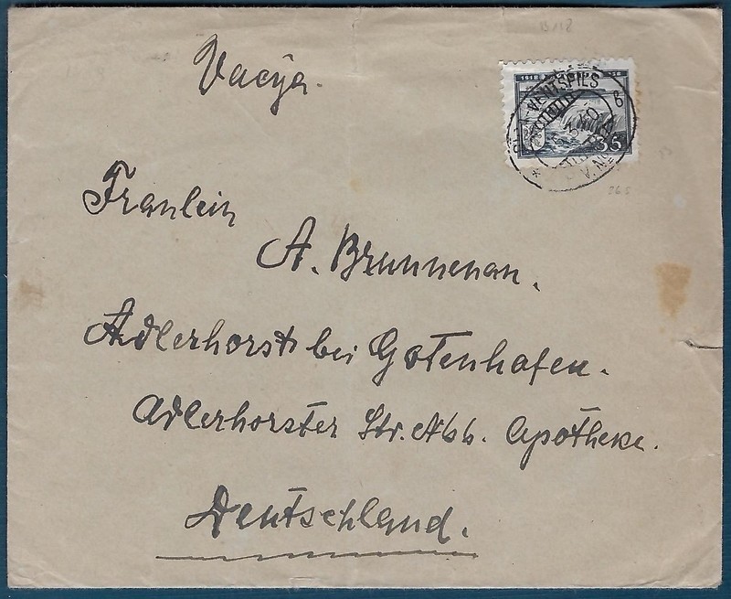 LATVIA: 1940 Censor Cover w/Perfect Railroad Cancel RPO; Riga-Ventspils, PV 13