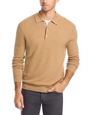 228 The Men's Store Merino Wool Textured Pique Polo Sweater, Camel, M