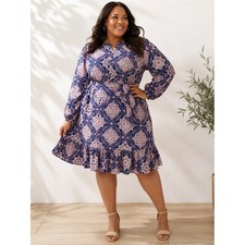 Loft Medallion Print Tie Waist Long Sleeve Boho Ruffle Hem Dress Navy/Purple