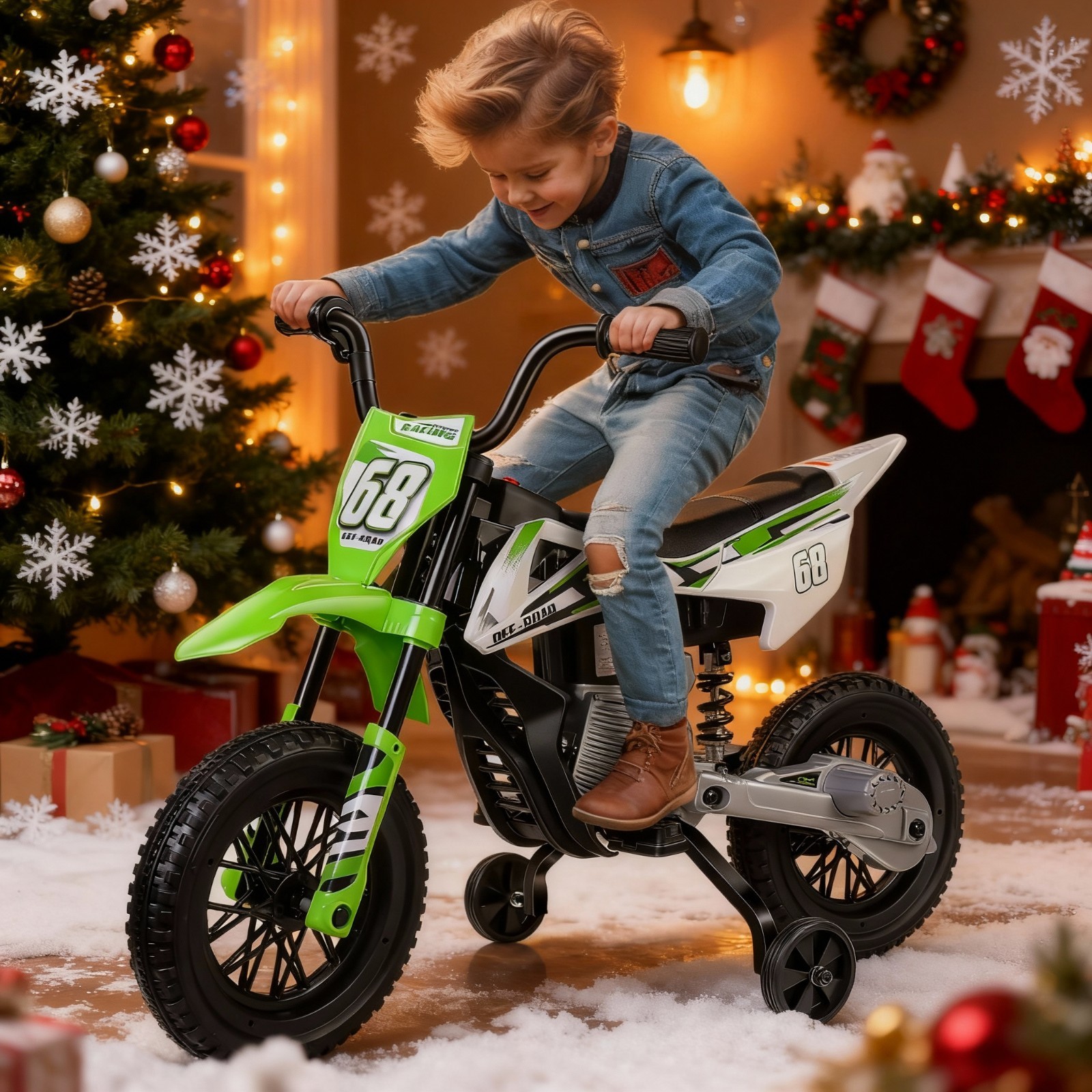 🎁Electric Dirt Bike, Kids Ride on Motorcycle with 2 Training Wheels Dual Motors