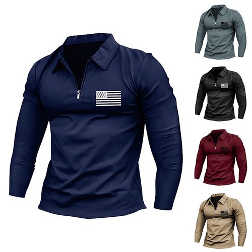 Moda uomo primavera e autunno casual manica lunga bottone colletto in piedi tinta unita manica lunga felpa t-shirt top polo per uomo adulto, bianco, XXL