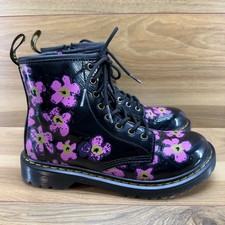 Dr Martens Combat Boots Girls 3 Floral Pansy Black Patent Leather 1460