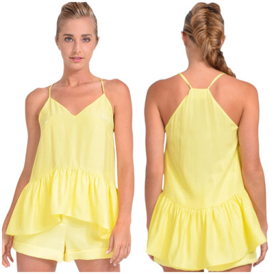 CINQ À SEPT NWT Janet Ruffle Hem Silk Racerback Top Size M Yellow Flaw Mark