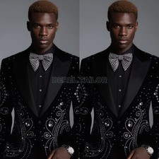 Black Velvet Rhinestone Men Suit Sparkly Blazer for Prom Wedding Party Tuxedo