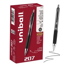 uniball 207 Gel Pens, Black Ink, 1.0mm Bold Point, Retractable, 12 Count