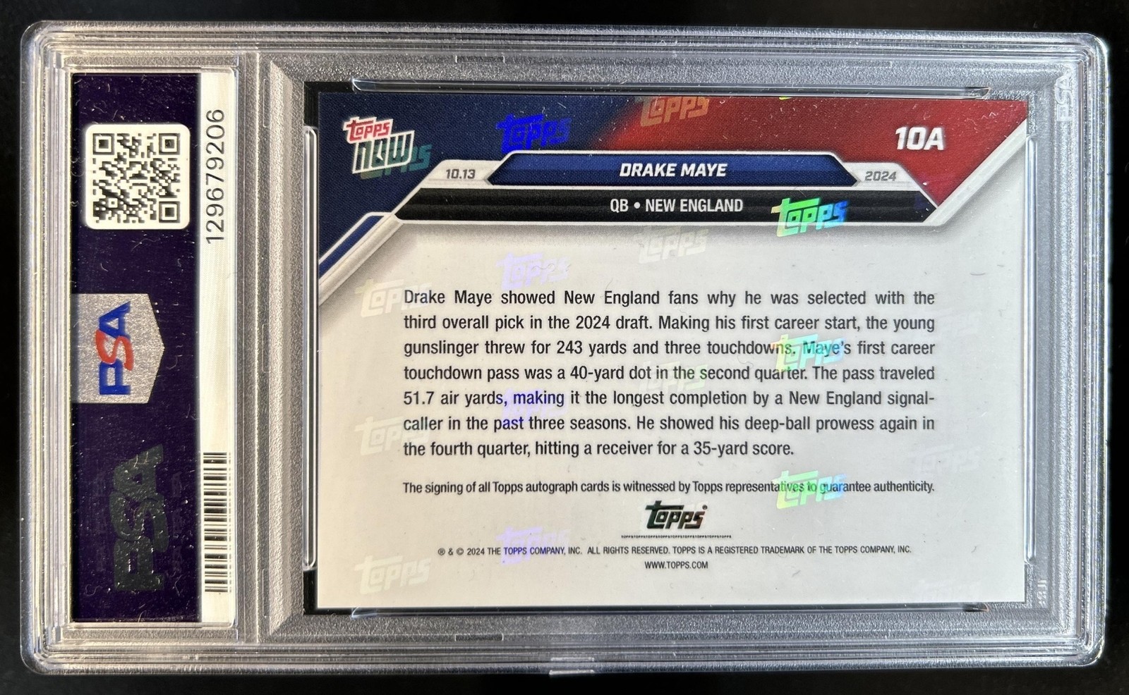 2024 Topps NOW Drake Maye On Card Auto Full Color RC #/25 Patriots PSA 9 10 view 2