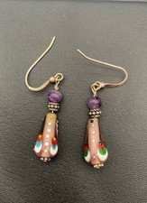 Purple Glass Hand Painted Dangle Pierced Earr...