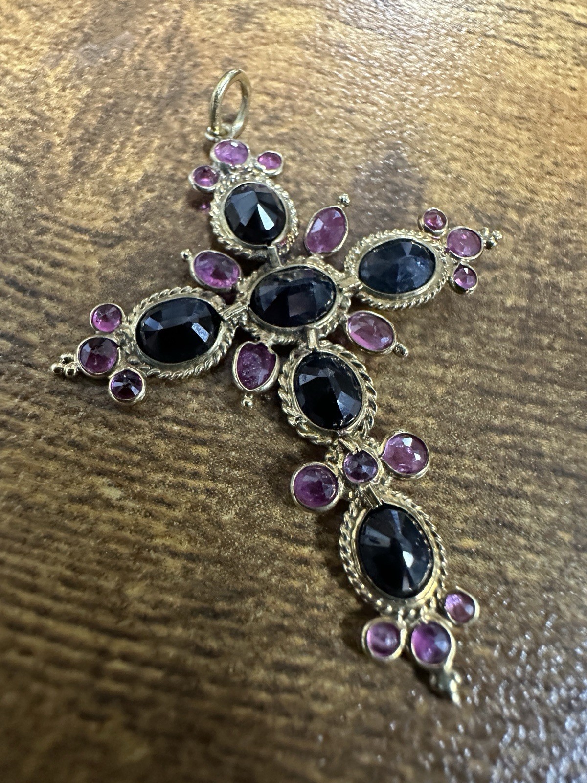 18K Solid Yellow Gold / Sapphire / Ruby Cross Pendant